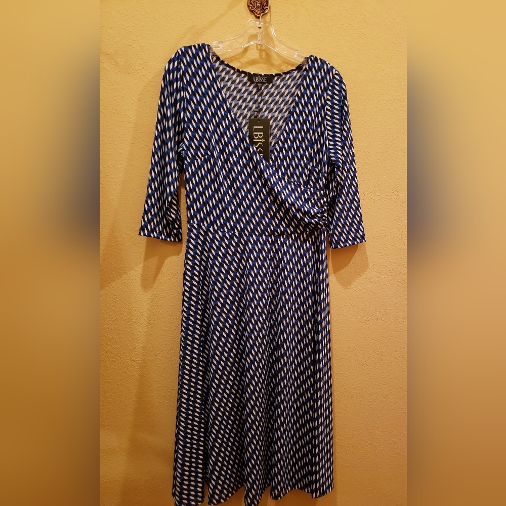 Lbisse | Royal Blue Black & Ivory Geometric Surplice Dress